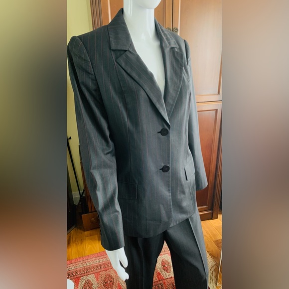 Shiny Black Double Collar Long Blazer & pants suit 100% fine wool W red stripes - Picture 3 of 16